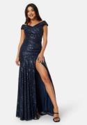 Goddiva Sequin Bardot Pleat Maxi With Split Navy XS (UK8)