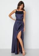 Bubbleroom Occasion Drapy-Back Slit Satin Gown Navy 40