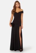 Goddiva Bardot Pleat Maxi Split Dress Black S S (UK10)