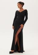 Goddiva Long Sleeve Bardot Pleat Maxi With Split Black M (UK12)