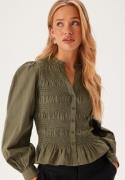 BUBBLEROOM V-neck Cotton Smock Blouse Khaki green S