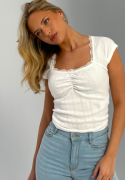 BUBBLEROOM Short Sleeve Pointelle Top White L