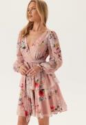 Goddiva Floral Long Sleeve Tiered Skater Dress Peach Floral L (UK14)