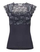 Silk Top W/ Lace Navy Rosemunde