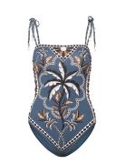 Fern Tie Shoulder Printed Swimsuit Blue Malina