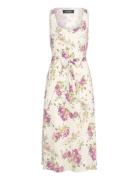 Floral Belted Crepe Sleeveless Dress Cream Lauren Ralph Lauren