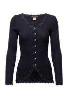 Rwbabette Silk Ls V-Neck Lace Cardi Blue Rosemunde