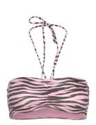 Drawstring Bandeau Halter Bikini Top Pink Monki