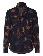 Belting-Print Georgette Tie-Neck Blouse Navy Lauren Ralph Lauren