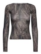 Slim Fit Printed Long-Sleeved Boat-Neck Top Grey Weekday