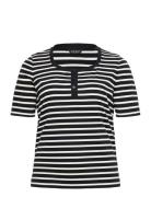 Striped Elbow-Sleeve Henley Top Black Lauren Women