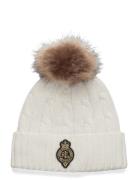 Crest-Patch Pom-Pom Cable-Knit Beanie White Lauren Ralph Lauren