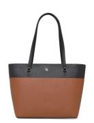 Striped Leather Medium Karly Tote Bag Brown Lauren Ralph Lauren
