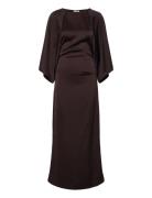 Wide Sleeve Satin Ankle Dress Brown Bubbleroom
