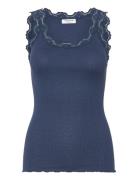 Rwbabette Silk Sl U-Neck Lace Top Navy Rosemunde