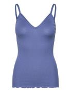 Rwbelle Silk Sl V-Neck Elastic Top Blue Rosemunde