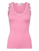 Rwbeatha Silk Sl V-Neck Lace Top Pink Rosemunde