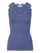 Rwbeatha Silk Sl V-Neck Lace Top Blue Rosemunde