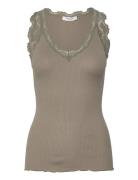 Rwbeatha Silk Sl V-Neck Lace Top Khaki Rosemunde
