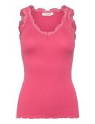 Rwbeatha Silk Sl V-Neck Lace Top Pink Rosemunde