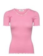 Rwbeatha Silk Ss Lace T-Shirt Pink Rosemunde