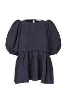 Stretch Jacquard, Puff Sleeve Peplum Top Navy STINE GOYA