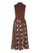 Jersey / Georgette Combo, Asymmetrical Draped Dress Brown STINE GOYA