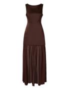 Karla Dropped Waist Chiffon Maxi Dress Brown Malina