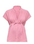 Olmthyra S/S V-Neck Top Wvn Pink Only Maternity