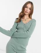 ASOS DESIGN co-ord long sleeve rib jumper with buttons in sage-Green