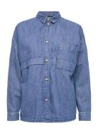 With Hemp: Denim Blouse Tops Shirts Long-sleeved Blue Esprit Collectio...