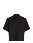 Linen Ss Shirt Tops Shirts Short-sleeved Black Tommy Hilfiger