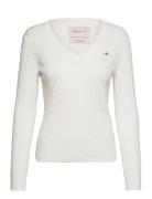 Stretch Cotton Cable V-Neck Tops Knitwear Jumpers White GANT
