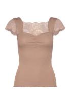 Silk T-Shirt W/ Lace Tops T-shirts & Tops Short-sleeved Brown Rosemund...