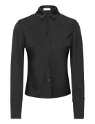 2Nd Maria - Heavy Satin Tops Shirts Long-sleeved Black 2NDDAY