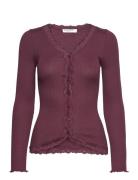 Silk Cardigan W/ Lace Tops Knitwear Cardigans Burgundy Rosemunde