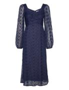 Ruched L/S Midi Dress Polvipituinen Mekko Navy Bubbleroom