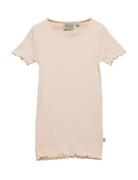 Rib T-Shirt Lace Ss Tops T-shirts Short-sleeved Beige Wheat