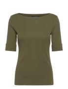 Stretch Cotton Boatneck Tee Tops T-shirts & Tops Short-sleeved Green L...