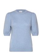 Puff Sleeve T-Shirt Tops Knitwear Jumpers Blue Davida Cashmere