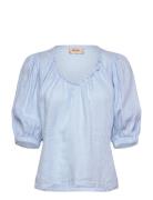 Mmtaissa Linen Blouse Tops Blouses Short-sleeved Blue MOS MOSH