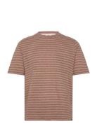 Akkikki Cot/Linen Stripe Tee Tops T-shirts Short-sleeved Brown Anerkje...