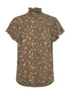 Floral Georgette Flutter-Sleeve Shirt Tops Blouses Short-sleeved Green...