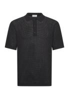 Crochet Knitted S/S Polo Tops Polos Short-sleeved Black Lindbergh
