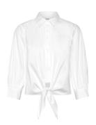 Tie-Waist Stretch-Cotton Blend Shirt Tops Shirts Long-sleeved White La...