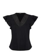 Lace-Trim Jersey Flutter-Sleeve Tee Tops Blouses Short-sleeved Black L...