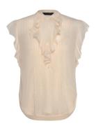 Pintucked Georgette Tie-Neck Blouse Tops Blouses Short-sleeved Beige L...