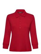 Rib-Knit Three-Quarter-Sleeve Polo Shirt Tops Knitwear Jumpers Red Lau...
