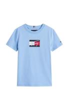Tommy Script Flag Print Tee Ss Tops T-shirts Short-sleeved Blue Tommy ...