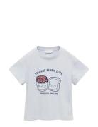 Embossed Detail Printed T-Shirt Tops T-shirts Short-sleeved Blue Mango